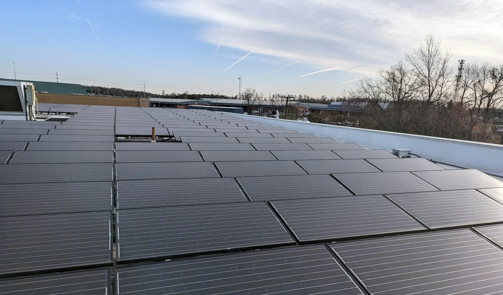 Solar panels across a commercial rooftop